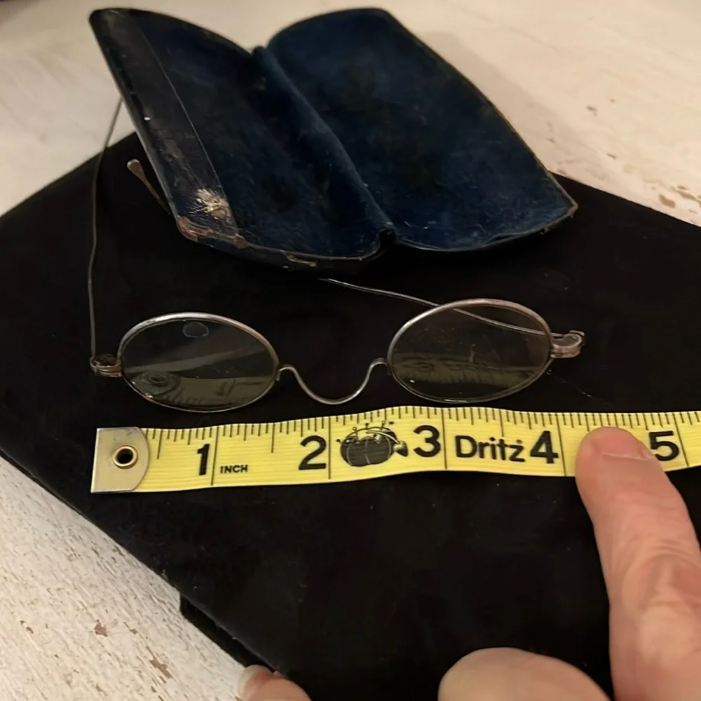 Antique metal wire rimmed eyeglasses and case